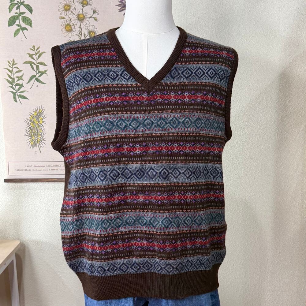Vintage 90s Fair Isle Pullover Sweater Vest Cottage Professor Grandpa Academia L